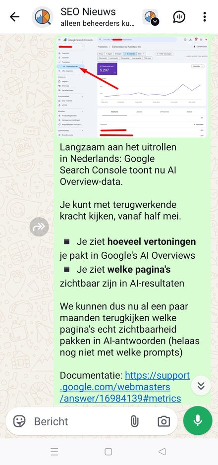 Voorbeeld van een bericht in het SEO Nieuws WhatsApp-kanaal