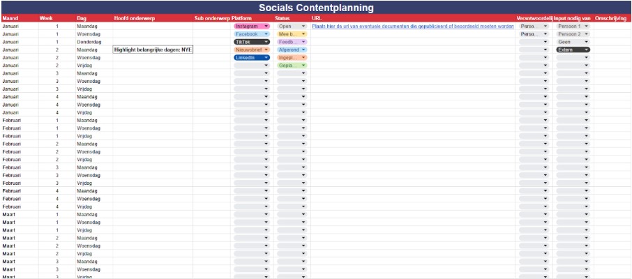 contentplanning spreadsheet afbeelding