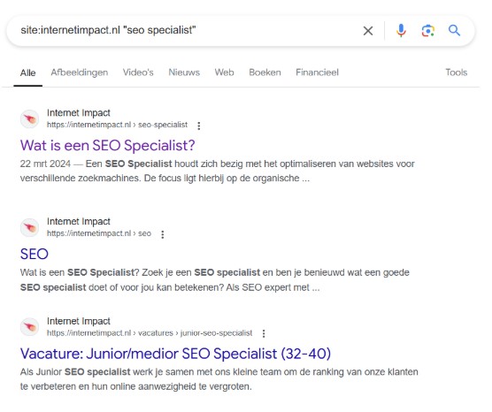 google site operator voor interne links